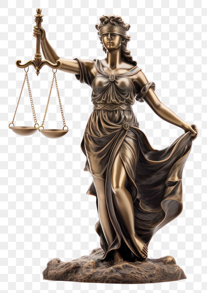 Blindfolded Lady Justice statue holding scales.